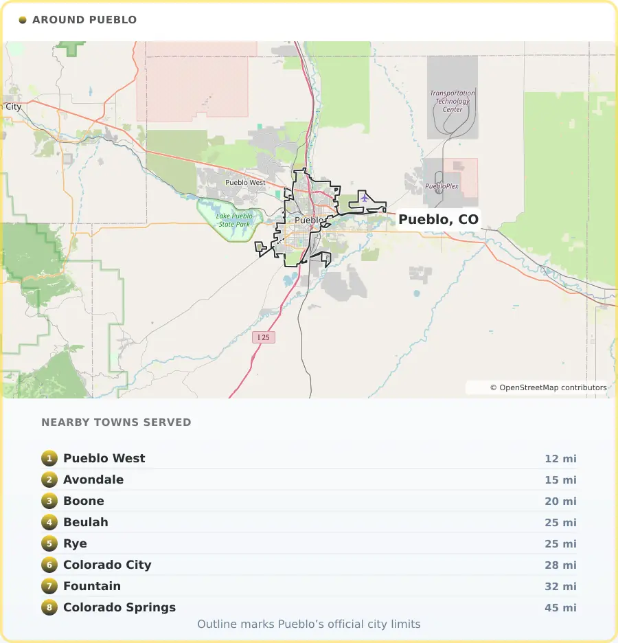 Map of the Pueblo, CO area, covering Pueblo West 12 miles away, Avondale 15 miles away, Boone 20 miles away, Beulah 25 miles away, Rye 25 miles away, Colorado City 28 miles away, Fountain 32 miles away and Colorado Springs 45 miles away.
